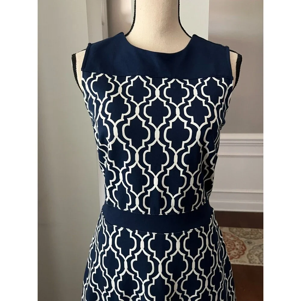 Women's Lands End Sleeveless Fit and Flare Blue White Geometric Knit Dress Sz 6